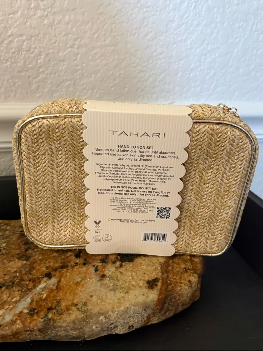 Tahari Gold Woven Cosmetic Pouch with Hand Lotions Peony Rose & Lilac Travel Set